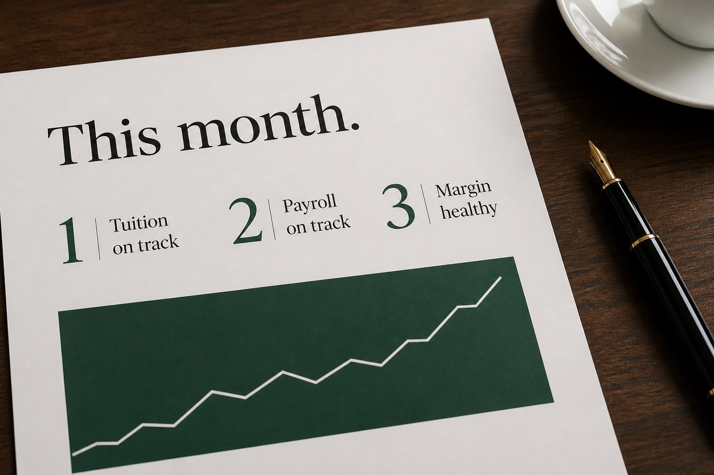 Printed This month snapshot: tuition on track, payroll on track, margin healthy. No dollar amounts.