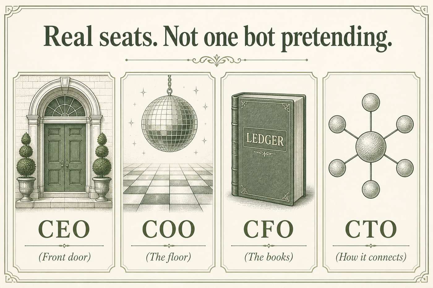 Four cards for CEO, COO, CFO, and CTO seats.